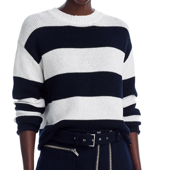 AQUA Drop Shoulder Cotton Striped Sweater – White/Black, Small - Picture 8 of 8